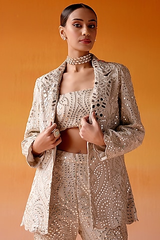 Ivory Georgette Mirror & Bead Embroidered Jacket by Twenty Nine