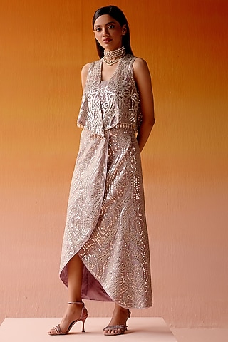 Lilac Tissue Mirror Embroidered Overlap Skirt Set by Twenty Nine