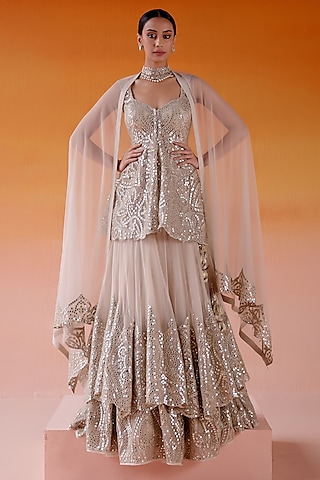 Ivory Net Mirror Embroidered Two-Tiered Lehenga Set by Twenty Nine