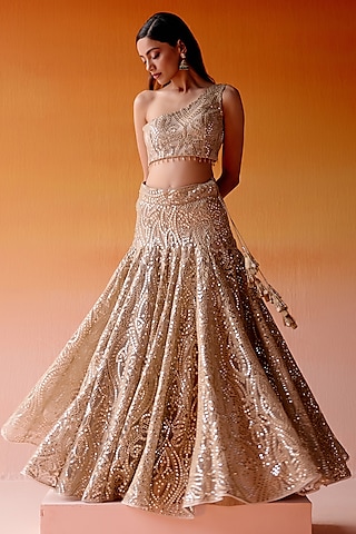Golden Net Mirror Embroidered Lehenga Set by Twenty Nine