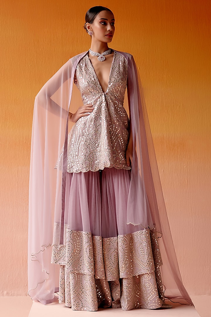 Lilac Net Mirror Embroidered Two-Tiered Sharara Set by Twenty Nine
