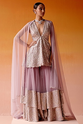 Lilac Net Mirror Embroidered Two-Tiered Sharara Set by Twenty Nine