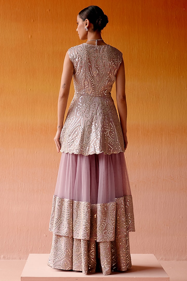 Lilac Net Mirror Embroidered Two-Tiered Sharara Set by Twenty Nine at Pernia's Pop Up Shop