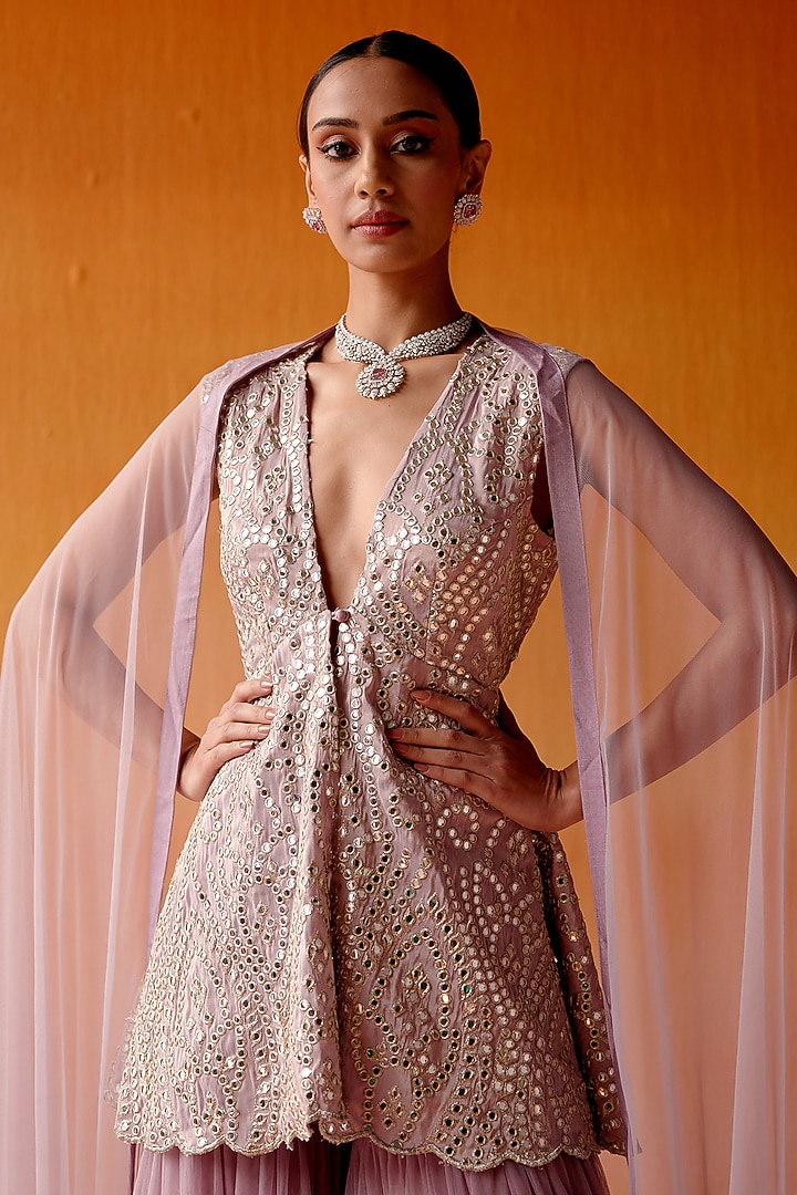Lilac Net Mirror Embroidered Two-Tiered Sharara Set by Twenty Nine at Pernia's Pop Up Shop
