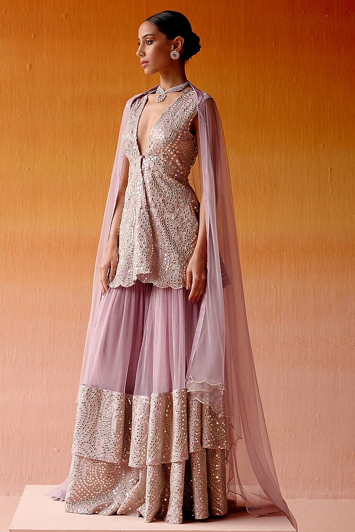 Lilac Net Mirror Embroidered Two-Tiered Sharara Set by Twenty Nine at Pernia's Pop Up Shop