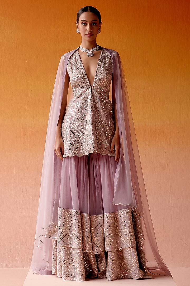 Lilac Net Mirror Embroidered Two-Tiered Sharara Set by Twenty Nine at Pernia's Pop Up Shop