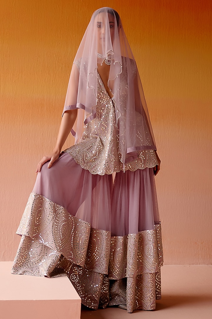 Lilac Net Mirror Embroidered Two-Tiered Sharara Set by Twenty Nine at Pernia's Pop Up Shop