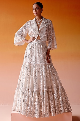 White Net Mirror Embroidered Three-Tiered Lehenga Set by Twenty Nine
