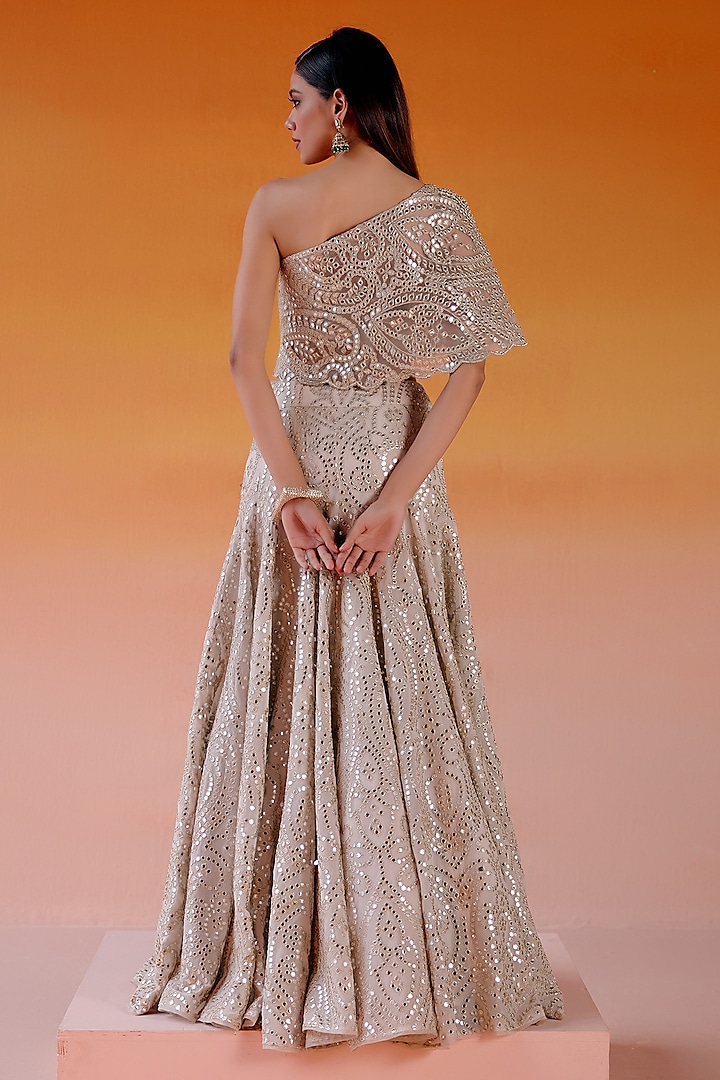 Ecru Georgette Mirror Embellished Kalidar Wedding Lehenga Set by Twenty Nine at Pernia's Pop Up Shop