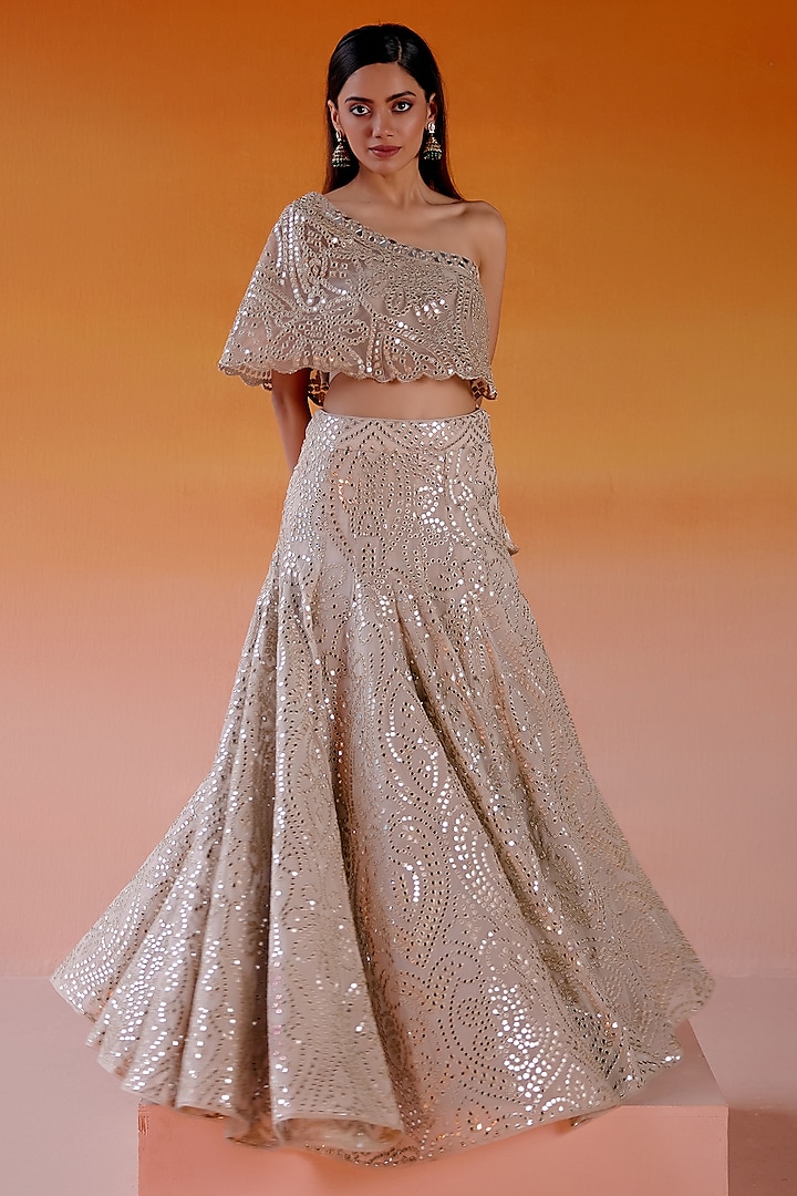 Ecru Georgette Mirror Embellished Kalidar Wedding Lehenga Set by Twenty Nine at Pernia's Pop Up Shop