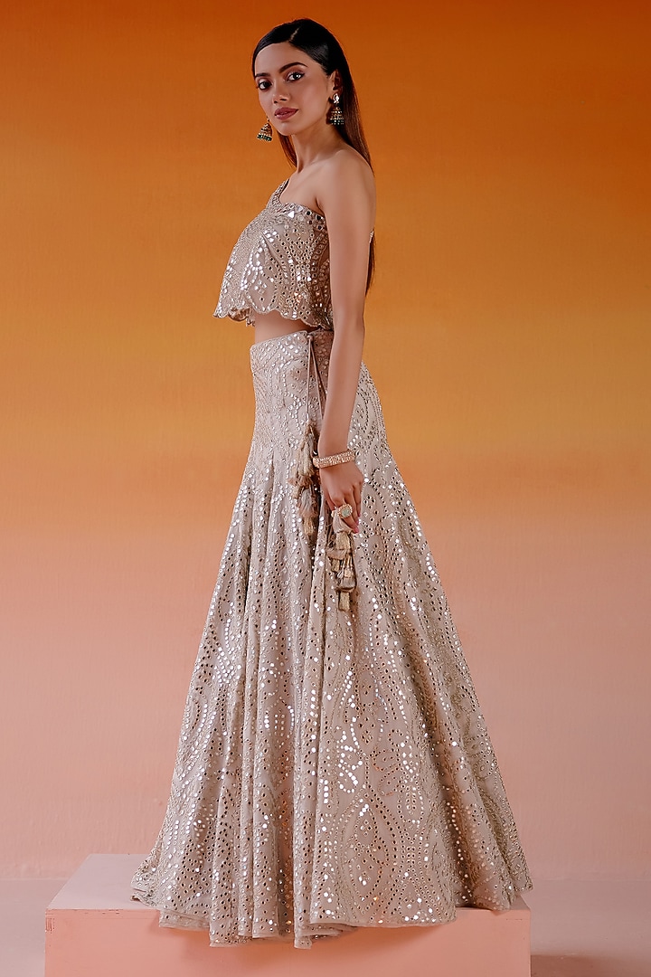 Ecru Georgette Mirror Embellished Kalidar Wedding Lehenga Set by Twenty Nine at Pernia's Pop Up Shop