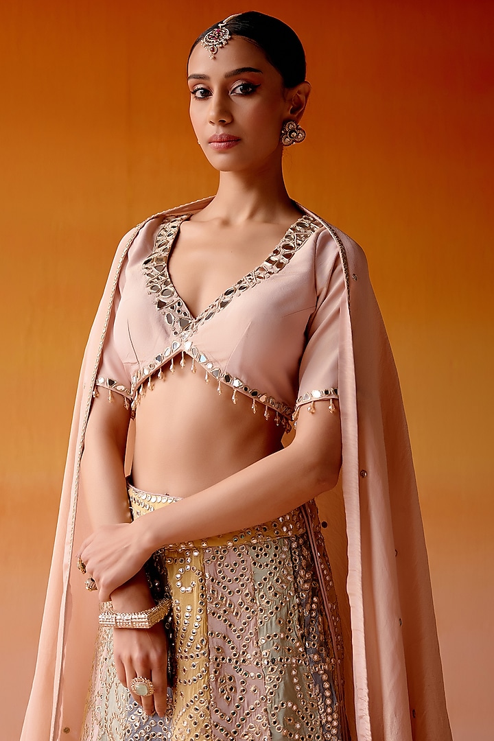 Multi-Colored Tissue Mirror Embroidered Color-Blocked Wedding Lehenga Set by Twenty Nine at Pernia's Pop Up Shop