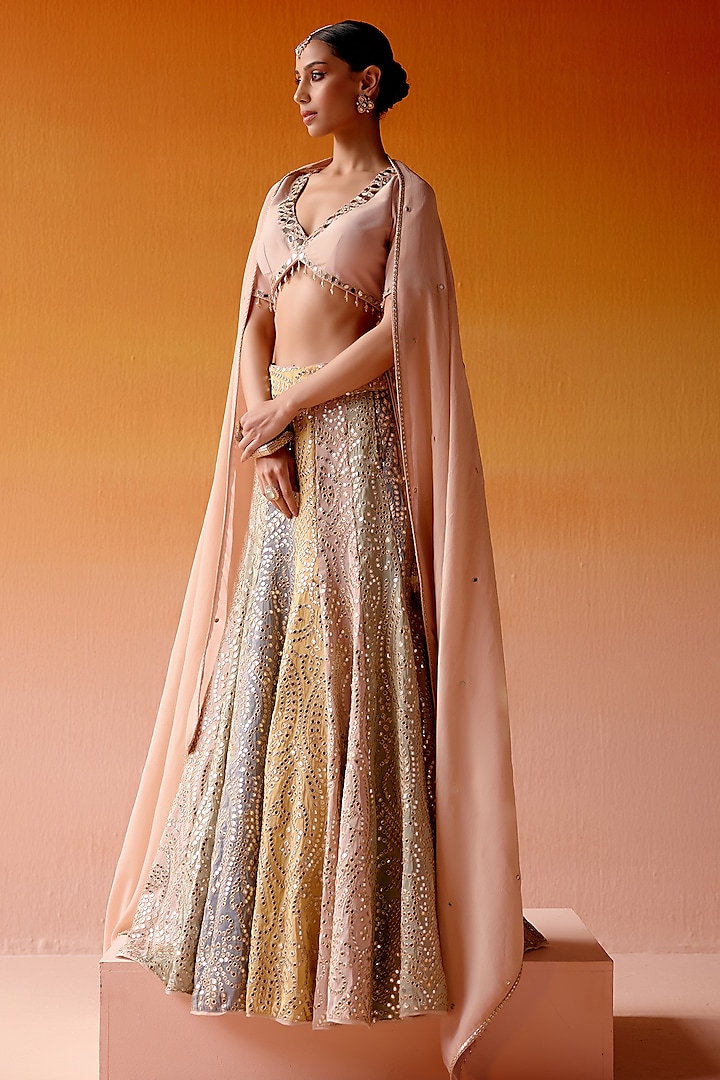 Multi-Colored Tissue Mirror Embroidered Color-Blocked Wedding Lehenga Set by Twenty Nine at Pernia's Pop Up Shop
