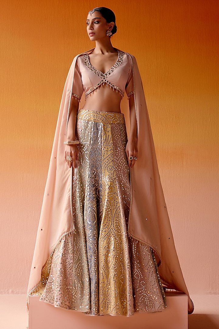 Multi-Colored Tissue Mirror Embroidered Color-Blocked Wedding Lehenga Set by Twenty Nine at Pernia's Pop Up Shop
