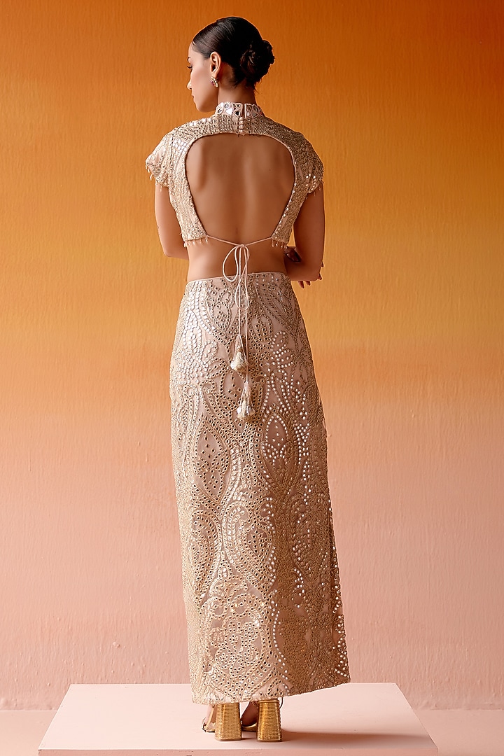 Blush Pink Net Mirror Embroidered Pencil Skirt Set by Twenty Nine at Pernia's Pop Up Shop