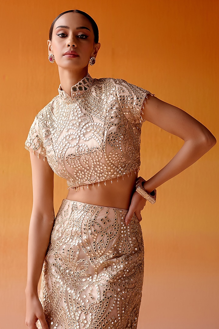 Blush Pink Net Mirror Embroidered Pencil Skirt Set by Twenty Nine at Pernia's Pop Up Shop