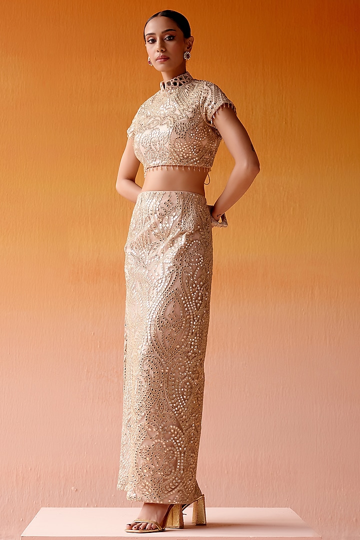 Blush Pink Net Mirror Embroidered Pencil Skirt Set by Twenty Nine at Pernia's Pop Up Shop