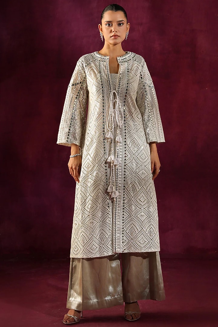 Ivory Lace Fabric Mirror Work Jacket by Twenty Nine at Pernia's Pop Up Shop