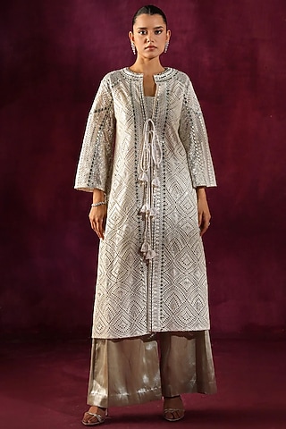 Ivory Lace Fabric Mirror Work Jacket by Twenty Nine