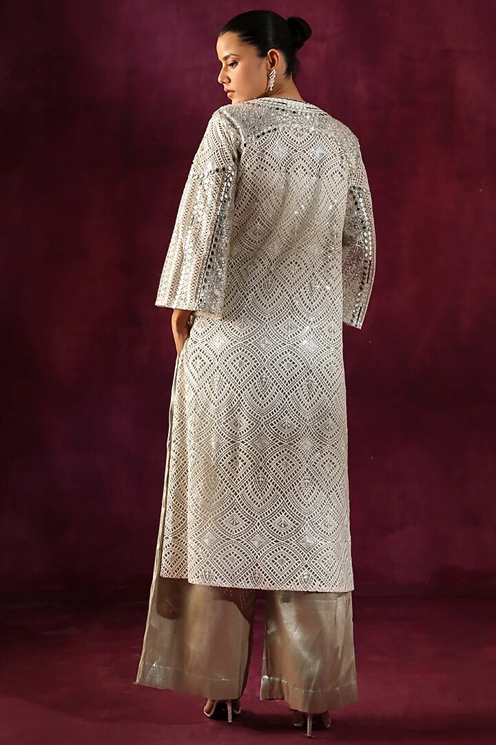 Ivory Lace Fabric Mirror Work Jacket by Twenty Nine at Pernia's Pop Up Shop