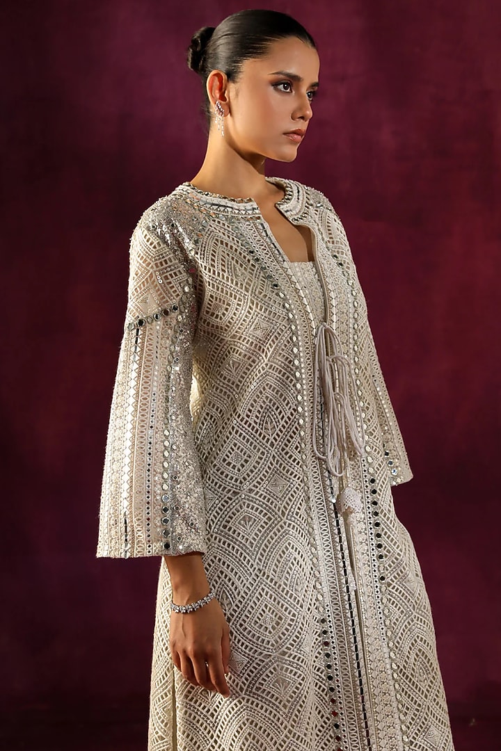 Ivory Lace Fabric Mirror Work Jacket by Twenty Nine at Pernia's Pop Up Shop