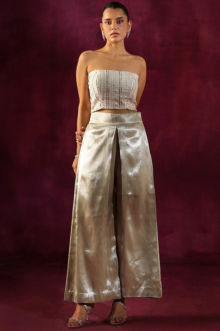 Ivory Banarasi Brocade Mirror Embellished Palazzo Pants by Twenty Nine at Pernia's Pop Up Shop