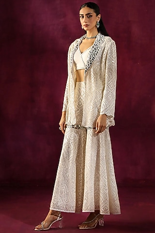 White Lace Fabric Mirror Embellished Sharara Pants by Twenty Nine