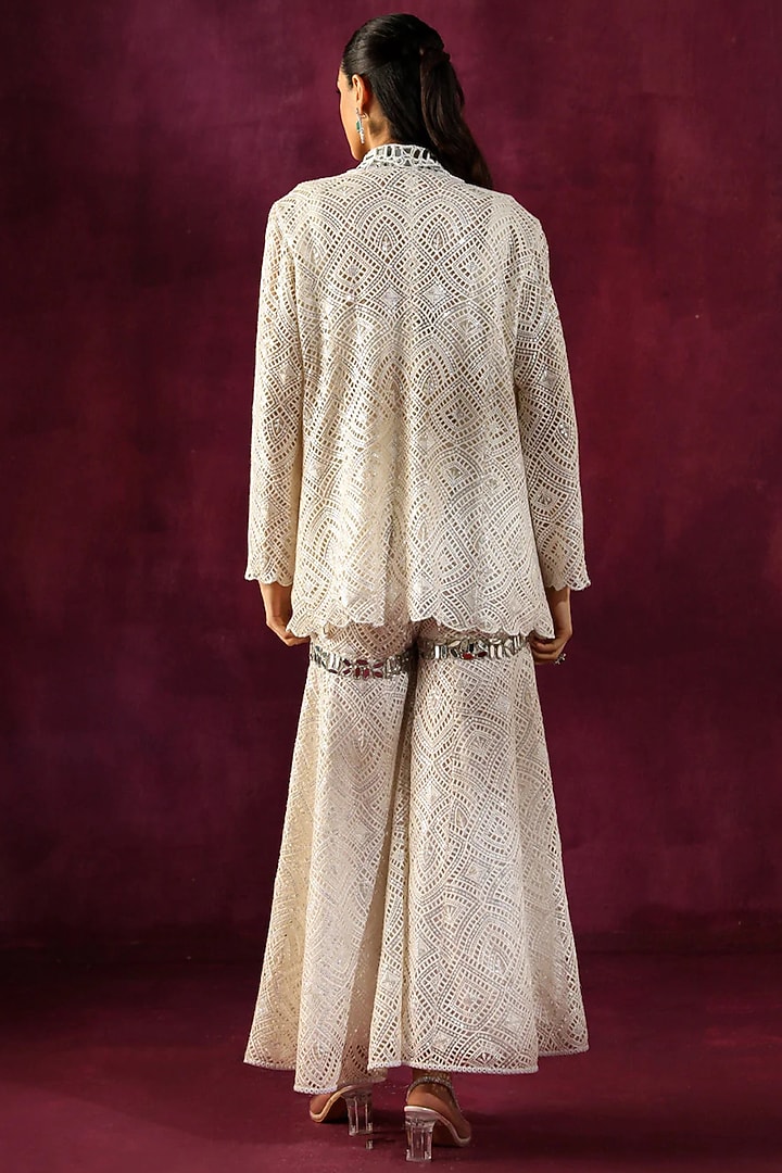White Lace Fabric Mirror Embellished Sharara Pants by Twenty Nine at Pernia's Pop Up Shop
