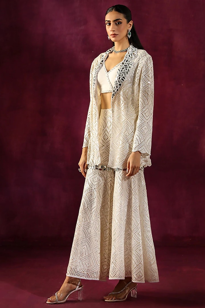 White Lace Fabric Mirror Work Blazer by Twenty Nine at Pernia's Pop Up Shop