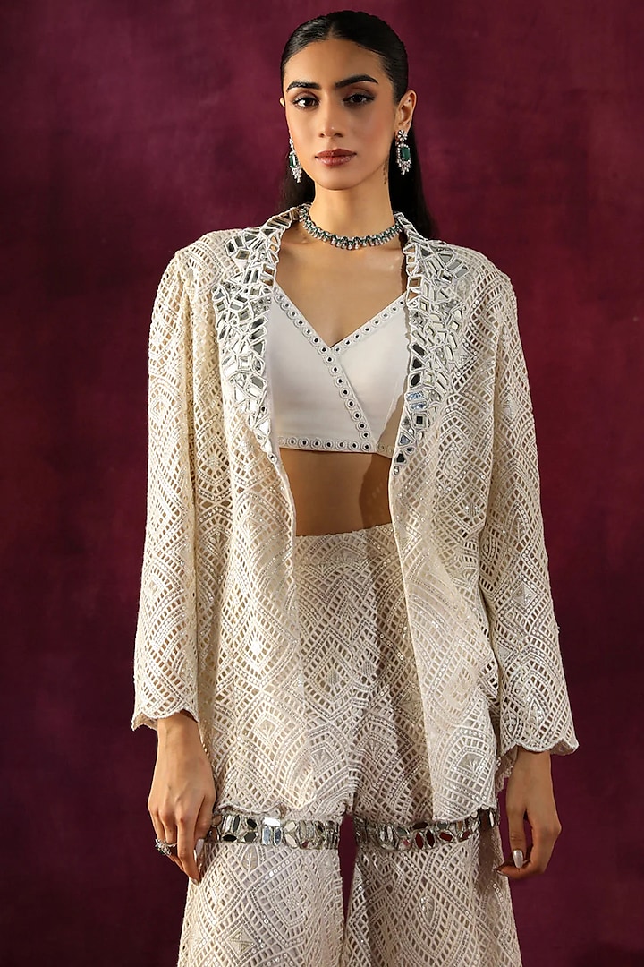 White Lace Fabric Mirror Work Blazer by Twenty Nine at Pernia's Pop Up Shop