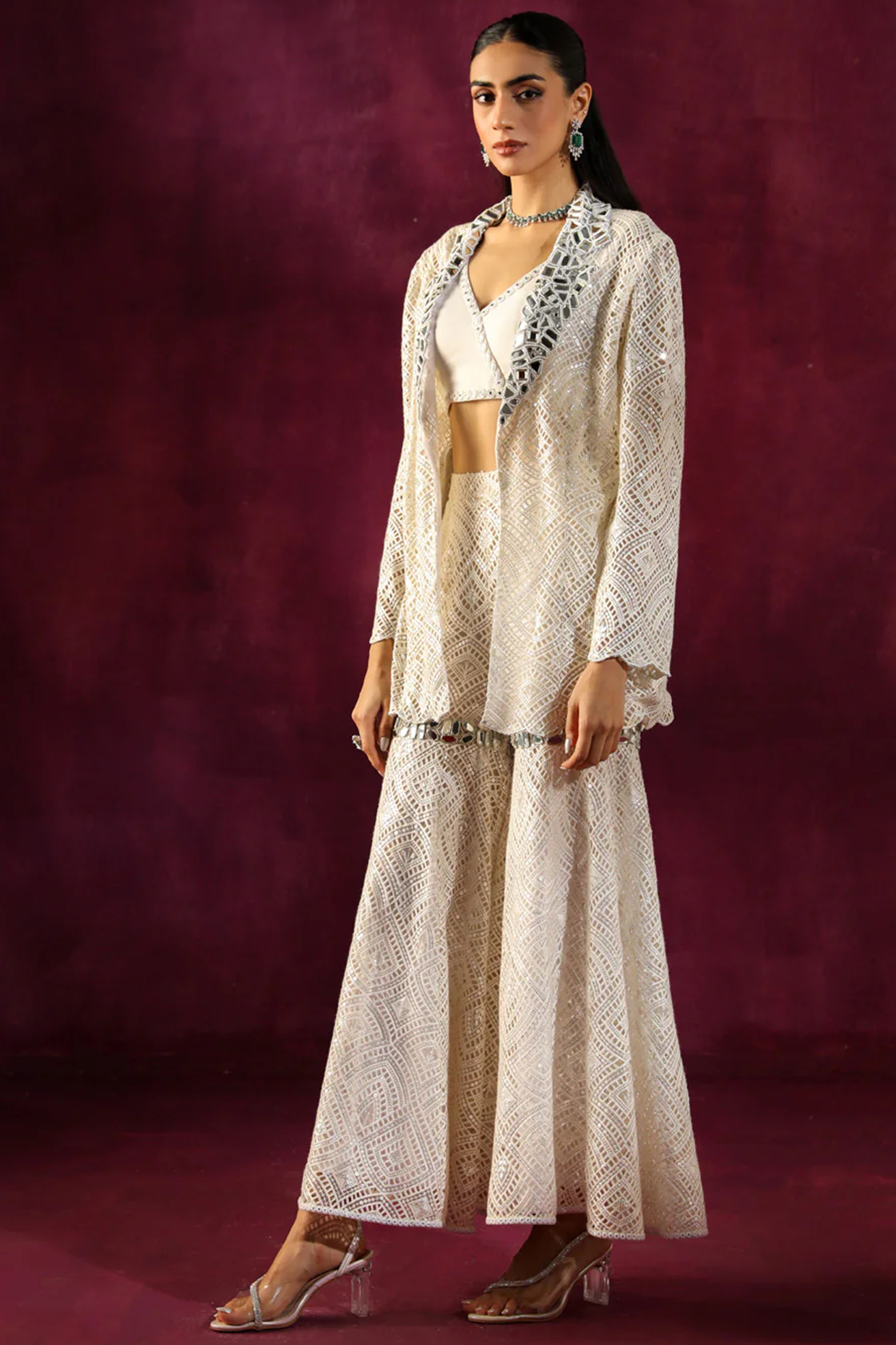 White Georgette Mirror Embellished Inner Top by Twenty Nine at Pernia's Pop Up Shop