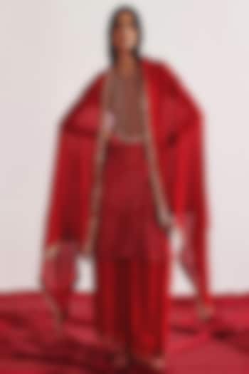 Red Crushed Bandhani Silk Marodi Work Kurta Set by Twenty Nine at Pernia's Pop Up Shop