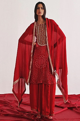 Red Crushed Bandhani Silk Marodi Work Kurta Set by Twenty Nine