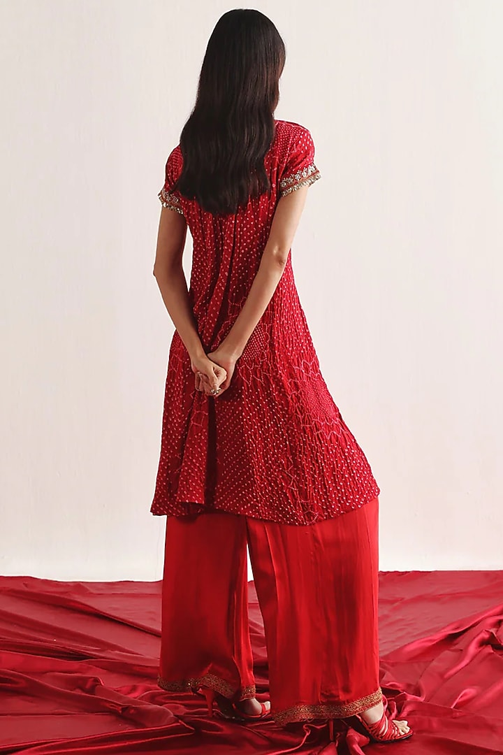 Red Crushed Bandhani Silk Marodi Work Kurta Set by Twenty Nine at Pernia's Pop Up Shop