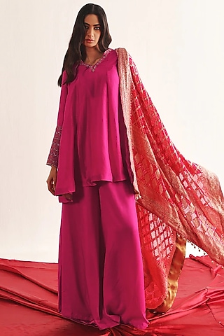 Fuchsia Pink Silk Marodi Work Kurta Set by Twenty Nine