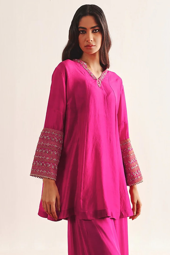 Fuchsia Pink Silk Marodi Work Kurta Set by Twenty Nine at Pernia's Pop Up Shop