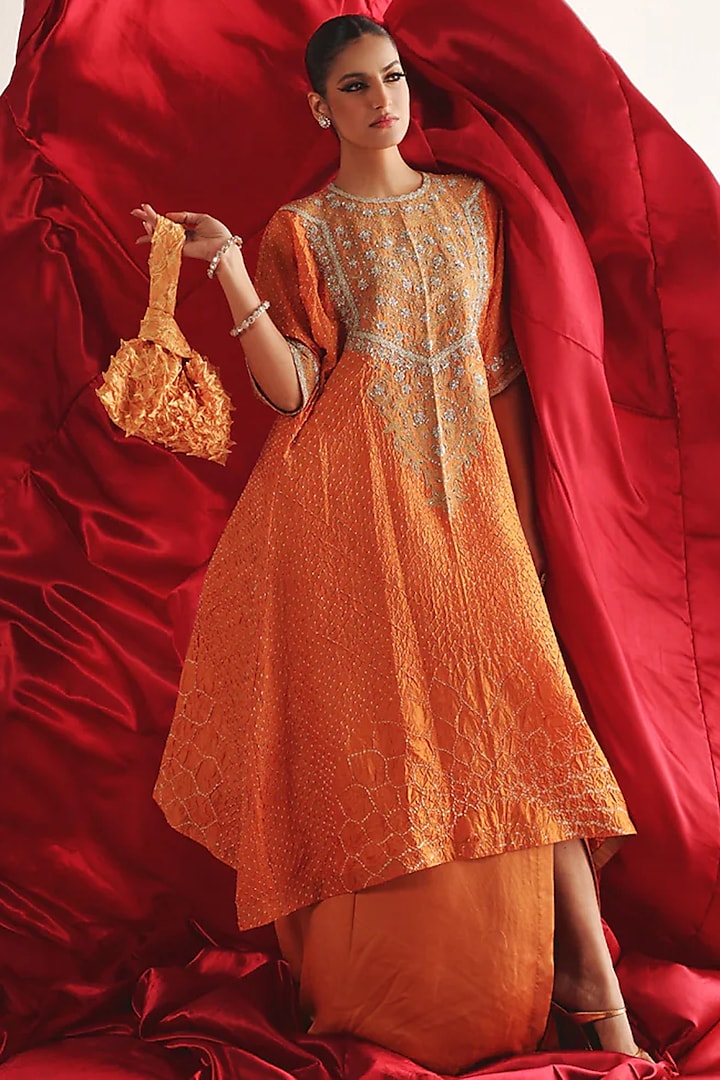 Orange Crushed Bandhani Silk Marodi Work Kaftan Set by Twenty Nine at Pernia's Pop Up Shop