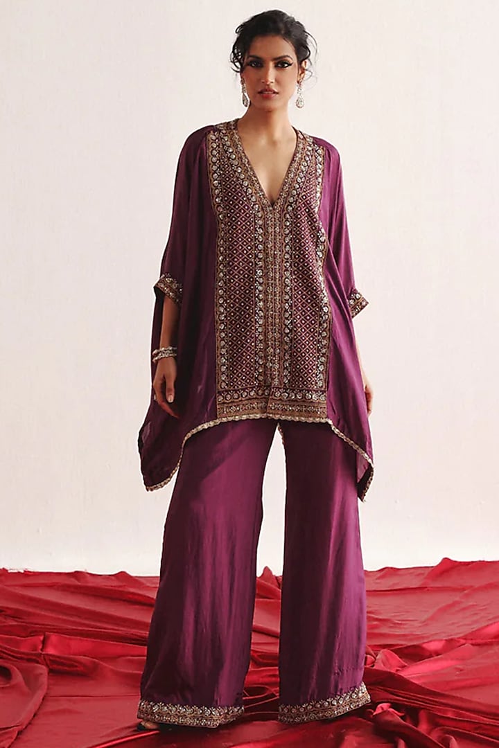 Purple Silk Embroidered Kaftan Set by Twenty Nine at Pernia's Pop Up Shop