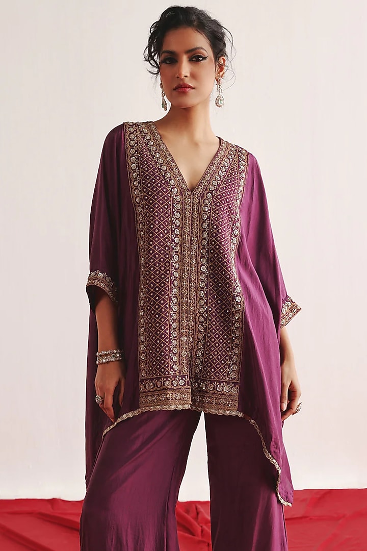 Purple Silk Embroidered Kaftan Set by Twenty Nine at Pernia's Pop Up Shop