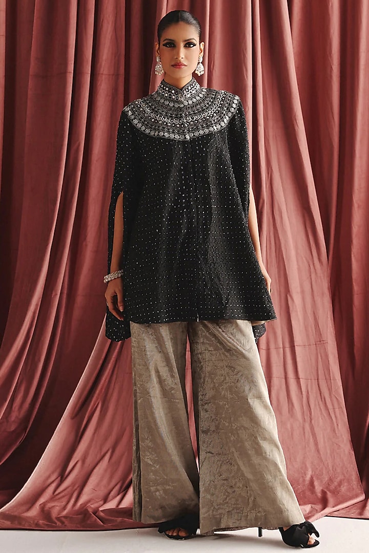 Black Silk Marodi Embroidered Cape Set by Twenty Nine at Pernia's Pop Up Shop