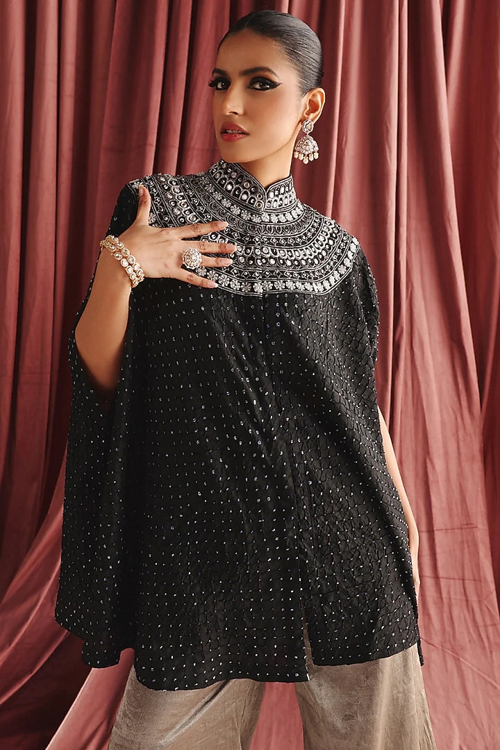 Black Silk Marodi Embroidered Cape Set by Twenty Nine at Pernia's Pop Up Shop