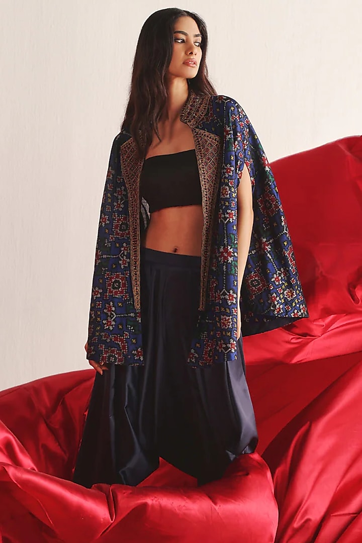 Indigo Blue Silk Marodi Work Patola Woven Jacket Set by Twenty Nine at Pernia's Pop Up Shop