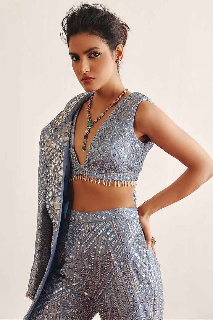 Blue Tulle Mirror Work Blouse by Twenty Nine at Pernia's Pop Up Shop