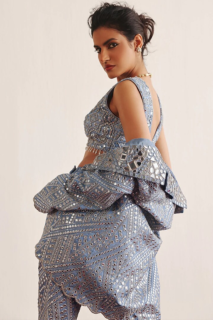 Blue Tulle Mirror Work Blouse by Twenty Nine at Pernia's Pop Up Shop