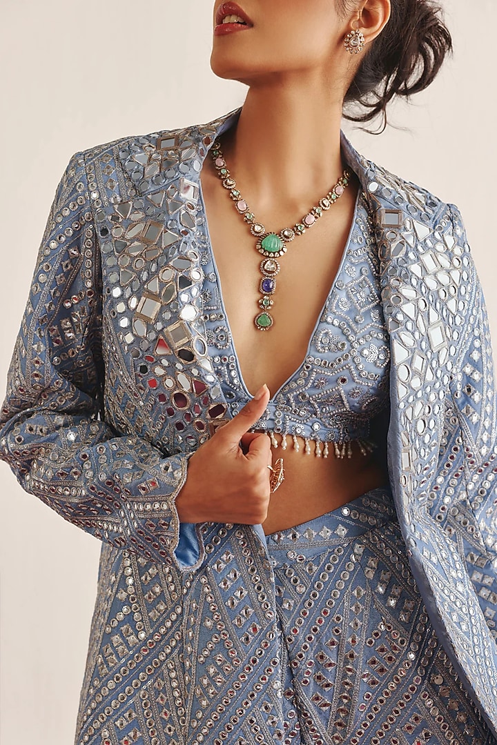 Blue Tulle Mirror Work Blouse by Twenty Nine at Pernia's Pop Up Shop