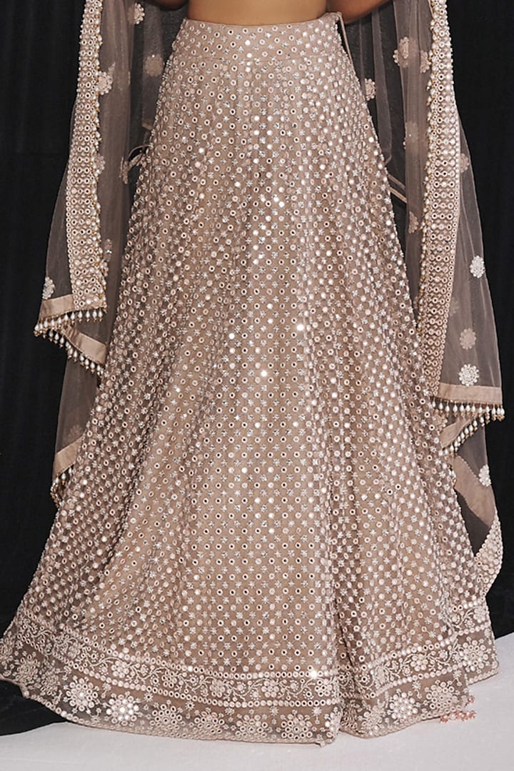 Light Gold Net Floral Mirror Work Jacket Wedding Lehenga Set by Twenty Nine at Pernia's Pop Up Shop