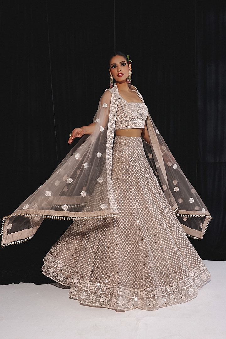 Light Gold Net Floral Mirror Work Jacket Wedding Lehenga Set by Twenty Nine at Pernia's Pop Up Shop