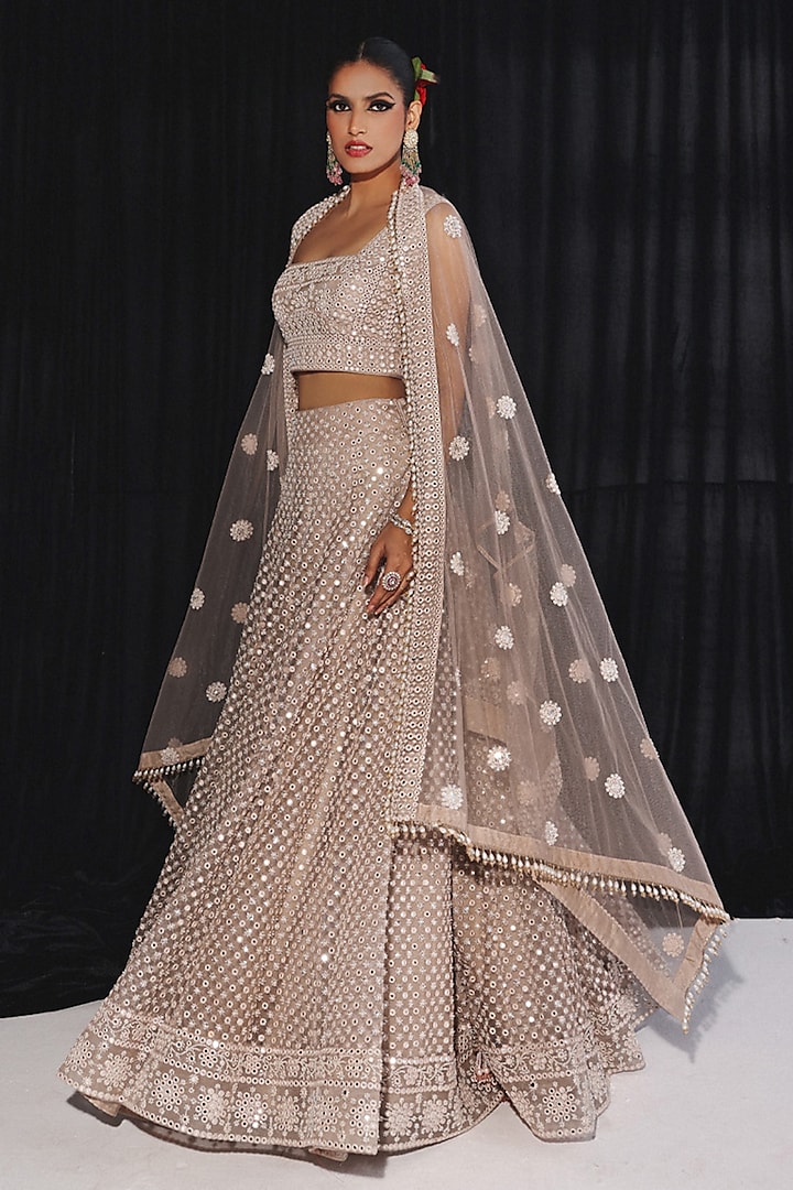 Light Gold Net Floral Mirror Work Wedding Lehenga by Twenty Nine at Pernia's Pop Up Shop