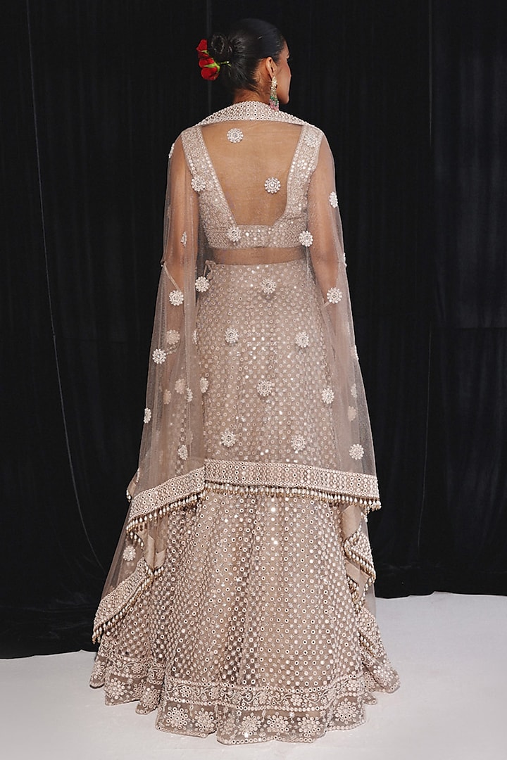 Light Gold Net Floral Mirror Work Wedding Lehenga by Twenty Nine at Pernia's Pop Up Shop