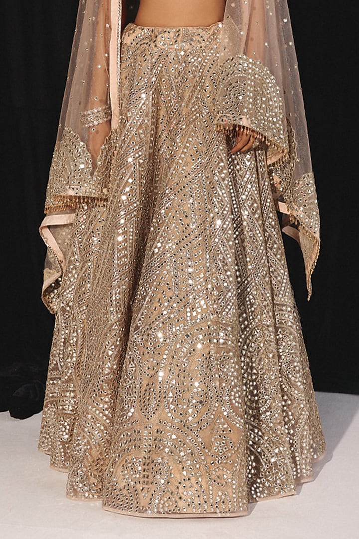 Peach Tissue Diamond & Mirror Work Wedding Lehenga Set by Twenty Nine at Pernia's Pop Up Shop